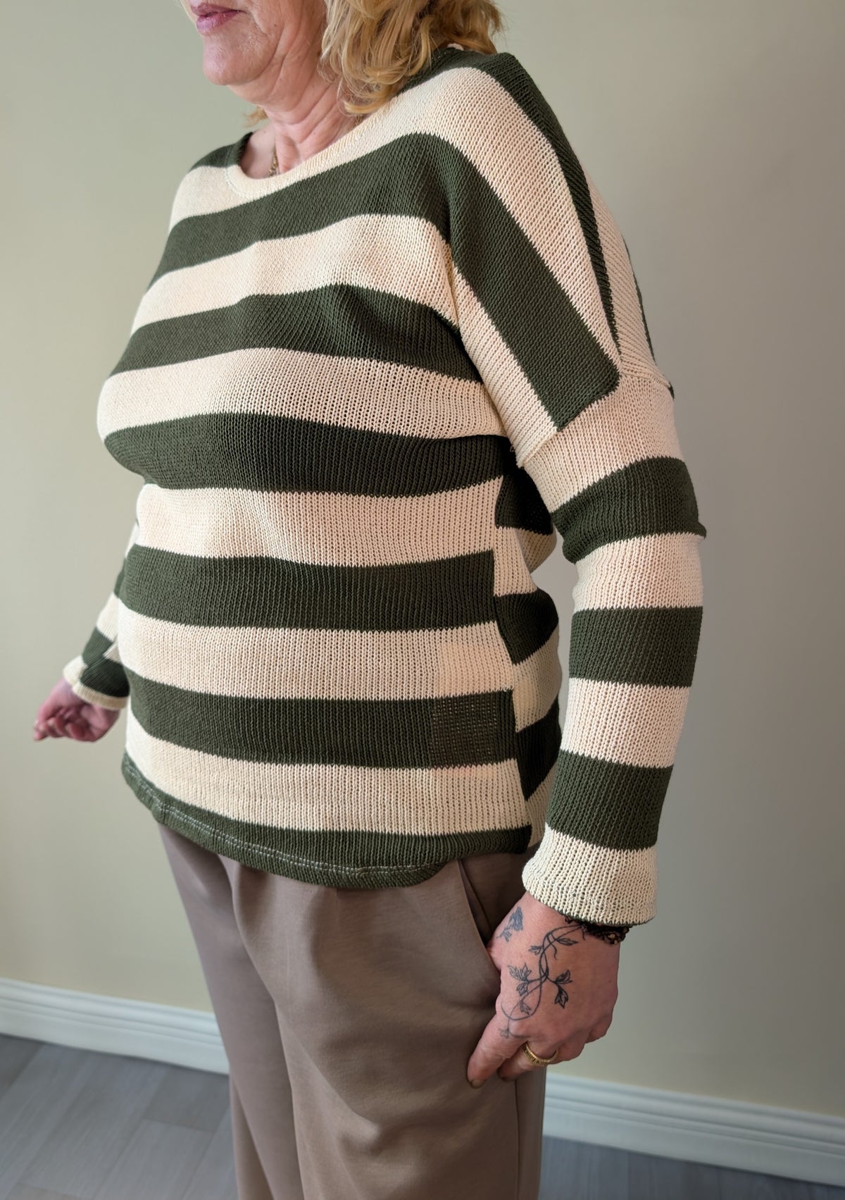 Jersey de punto de rayas verde y crudo, talla única L/XL