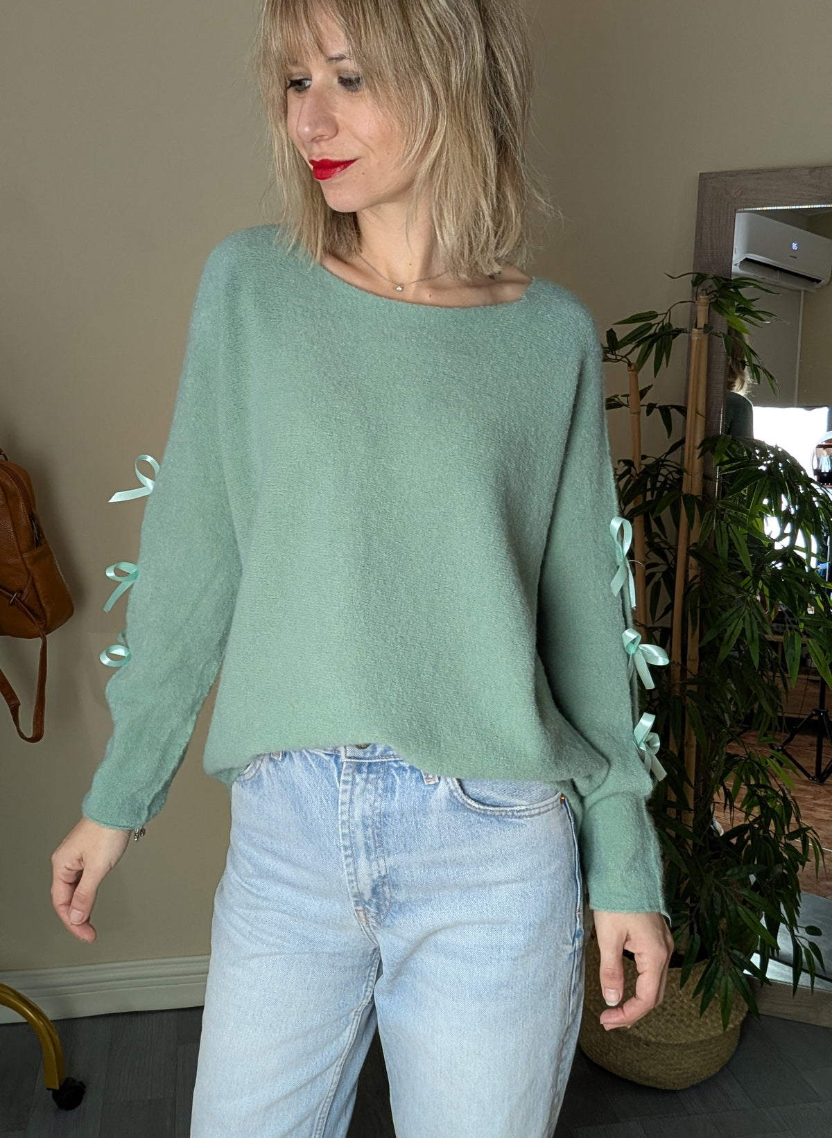 Jersey verde agua de punto fino con lazos en las mangas, talla única 36-42