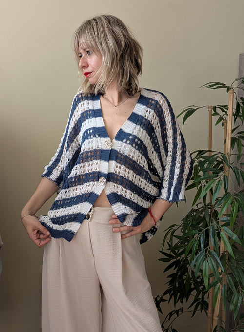 Chaqueta calada de punto — Azul y blanco | Talla única