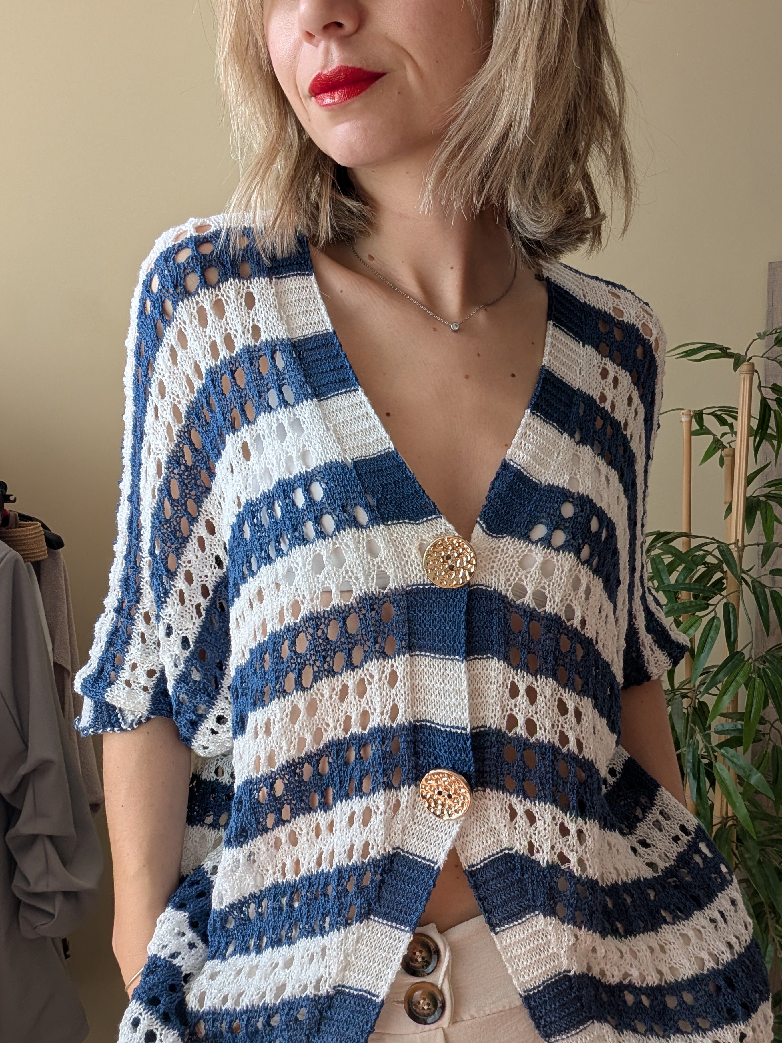 Chaqueta calada de punto — Azul y blanco | Talla única