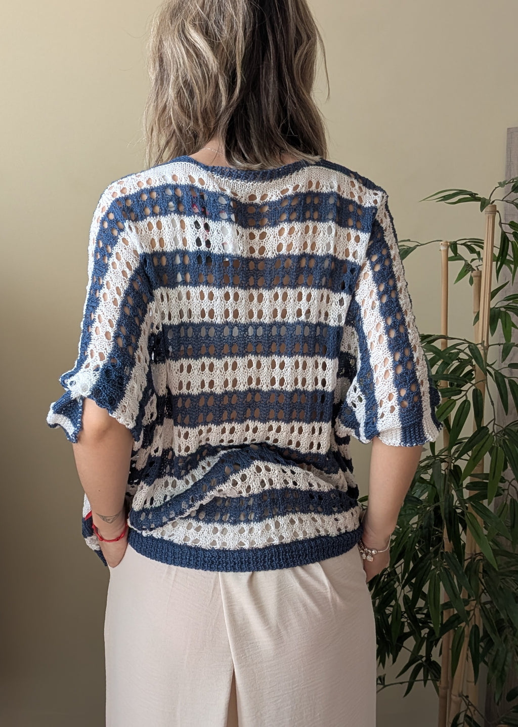 Chaqueta calada de punto — Azul y blanco | Talla única