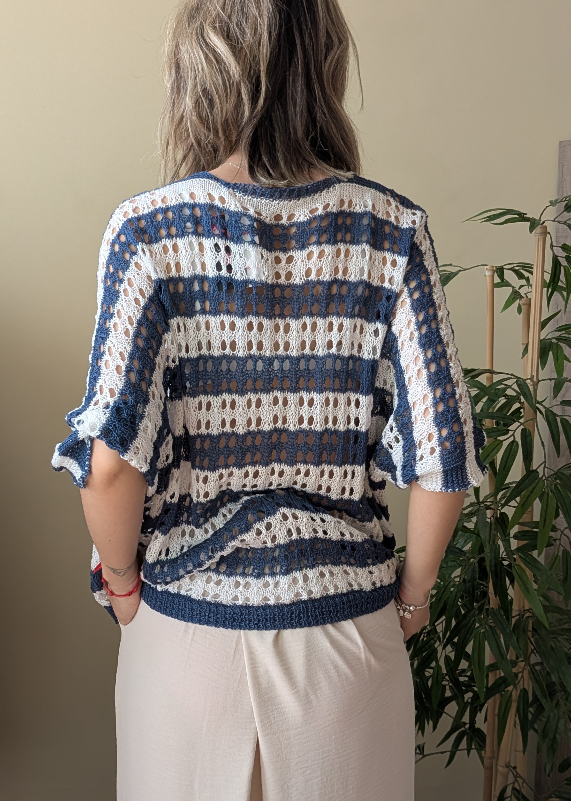 Chaqueta calada de punto — Azul y blanco | Talla única