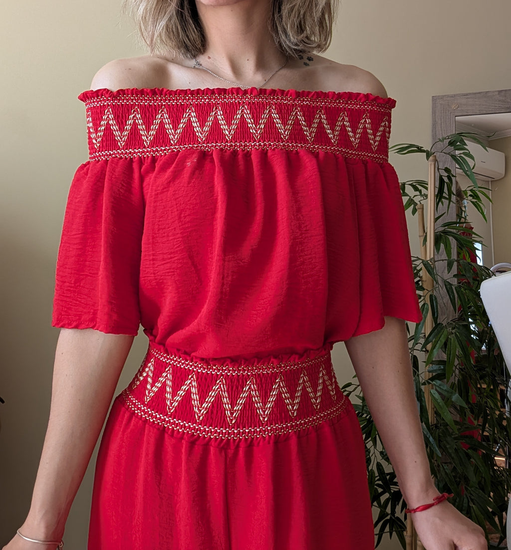 Conjunto rojo bardot con pantalón palazzo para mujer